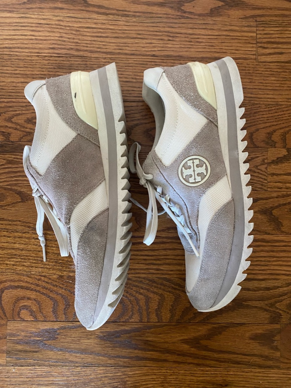 Tory Burch Beige and Cream Suede Mesh Runner Sneakers - Picture 3 of 8